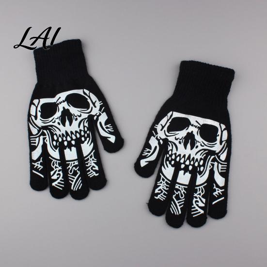 Knitted Horror Cosplay Accessories Halloween Glow‑In‑The‑Dark Skeleton Knit Gloves Luminous Skull Bone Print Costume Atmospheric Photo