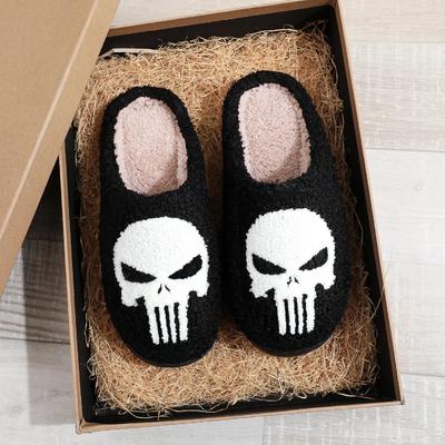 Модные тапочки с вышивкой в виде черепа Карателя, домашние тапочки на платформе из уюта и меха, хлопковые тапочки с личностью, теплые, нескользящие