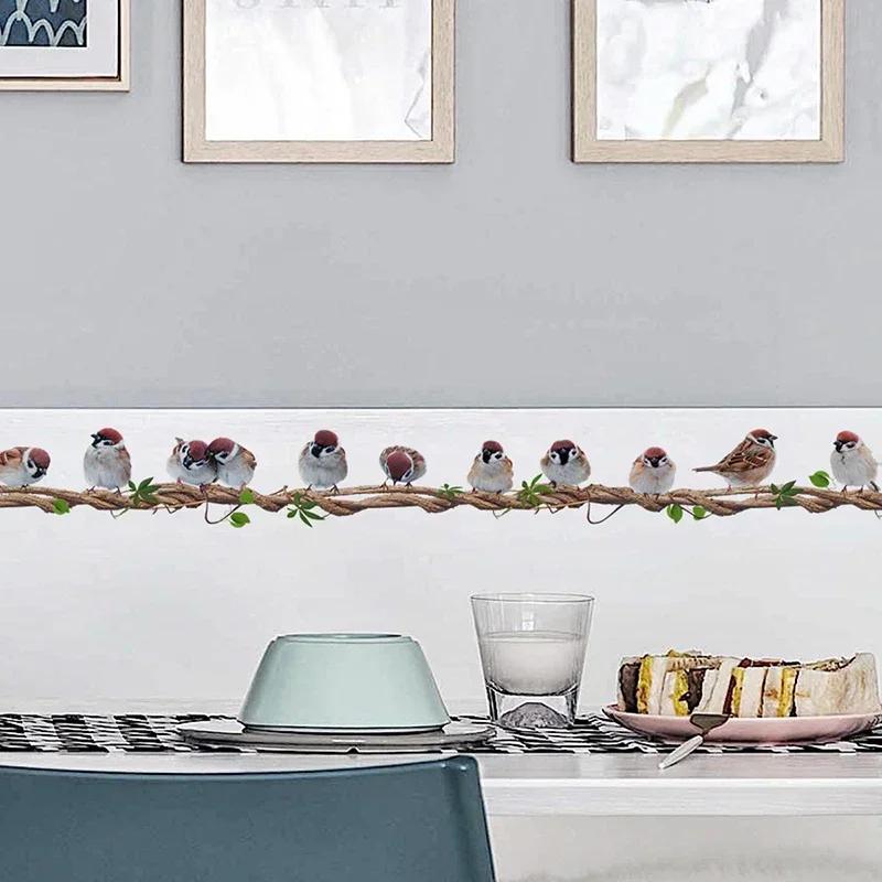 Наклейка на стену с изображением птиц из ротанга, съемные наклейки на стену в детской комнате, ряд птиц, стоящих на лозе, украшение для гостиной