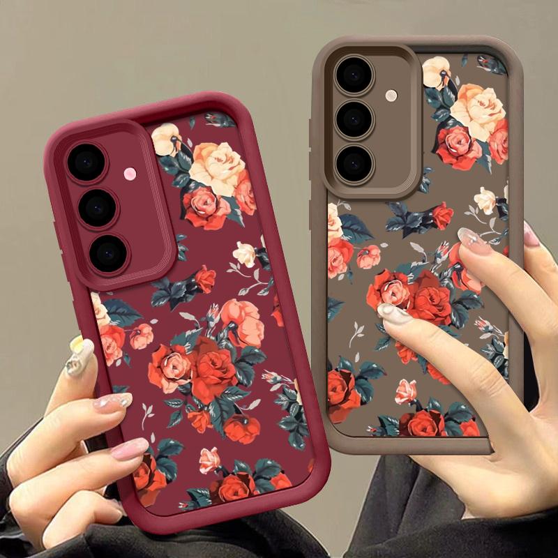 Винтажный чехол с принтом роз и ударопрочным узором для Samsung S24 FE S23 Ultra S22 A16 A55 A15 A35 A54 A25 A34 A14 Мягкий матовый защитный чехол для объектива из ТПУ