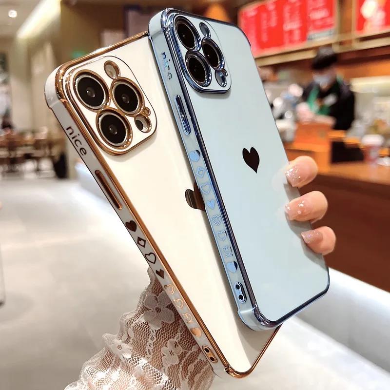 Soft Electroplated Love Heart Phone Case For iPhone 11 12 13 14 15 Pro Max XS X XR 7 8 Plus Mini SE 2020 Silicone Cases Cover