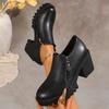 Модная женская обувь на высоком каблуке, кожаная обувь 2025 весна-осень, толстая подошва, круглый носок, женские туфли с глубоким вырезом и боковой молнией