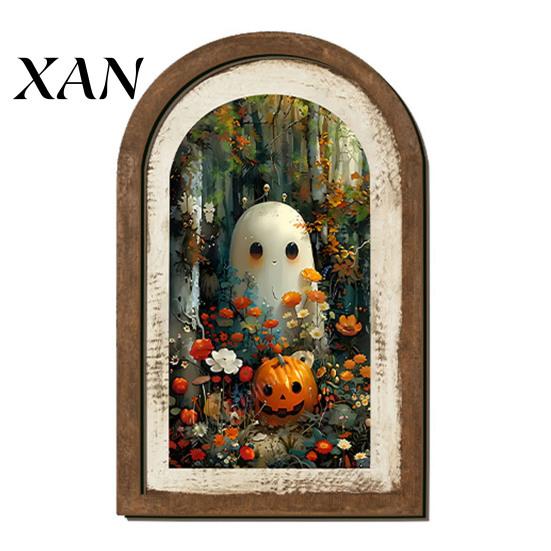 Farmhouse Ghost Decor Halloween Wall Decor, Cute Table Sign, Vintage Arch Framed Autumn Fireplace Accent Picture, Decorative Art for Mantel