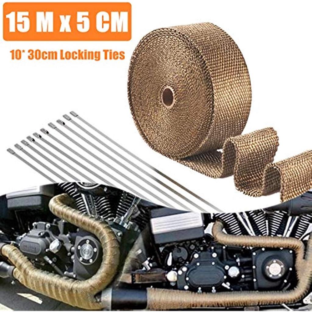 Теплозащитная лента 15 MX, 5 см. Выхлопная лента из базальтового волокна титанового цвета с 10 кабельными стяжками из нержавеющей стали для коллектора. Коллектор с термолентой.