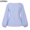 VONDA Женские винтажные рубашки с открытыми плечами и длинным рукавом в полоску с галстуком-фонариком
