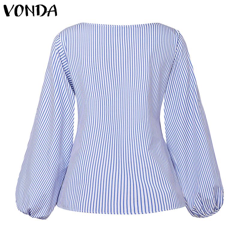 VONDA Женские винтажные рубашки с открытыми плечами и длинным рукавом в полоску с галстуком-фонариком