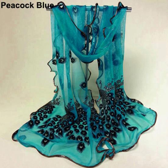 Women Fashion Peacock Flower Embroidered Lace Scarf Long Soft Wrap Shawl Stole