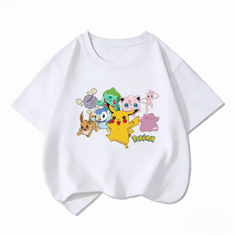 Potdemiel Kids Cotton Tshirt Cute Pikachu Cartoon Print Summer Short Sleeve Boys Girls Casual Crew Neck Tops