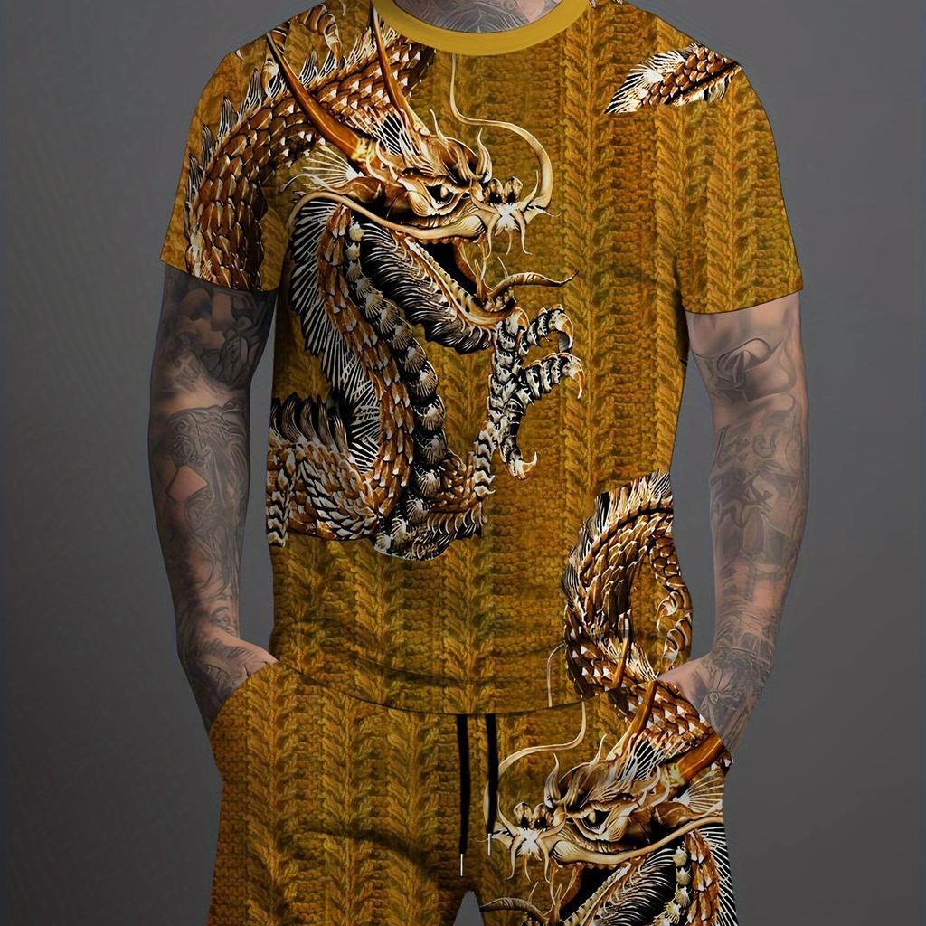 Мужской комфортный комплект из двух предметов с принтом дракона: модная футболка с короткими рукавами и повседневные шорты с карманами на шнурке для летней уличной одежды