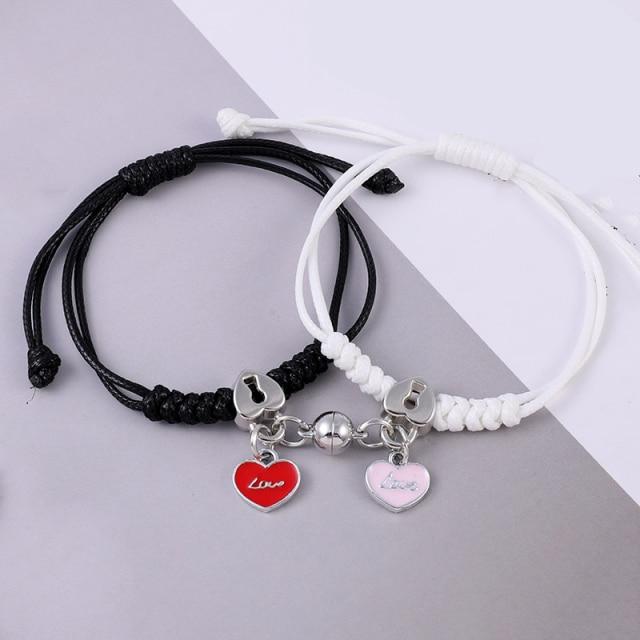 2pcs /Set Couple Charm Bracelet For Women Magnetic Attraction Ball Heart Key Lock Link Wrist Chain Best Friend Jewelry Gift Egirl
