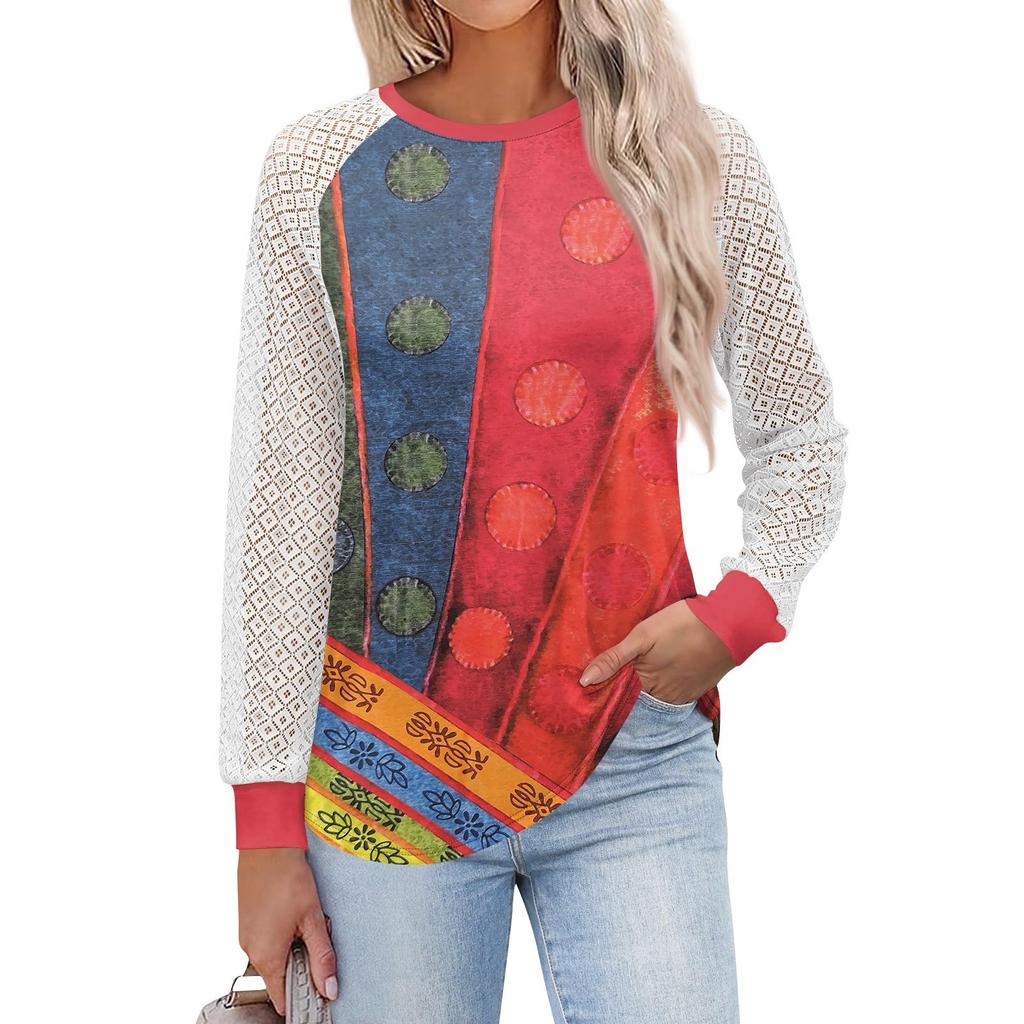 Женские футболки с длинным рукавом, топы с круглым вырезом и кружевом, повседневные блузки, модные топы