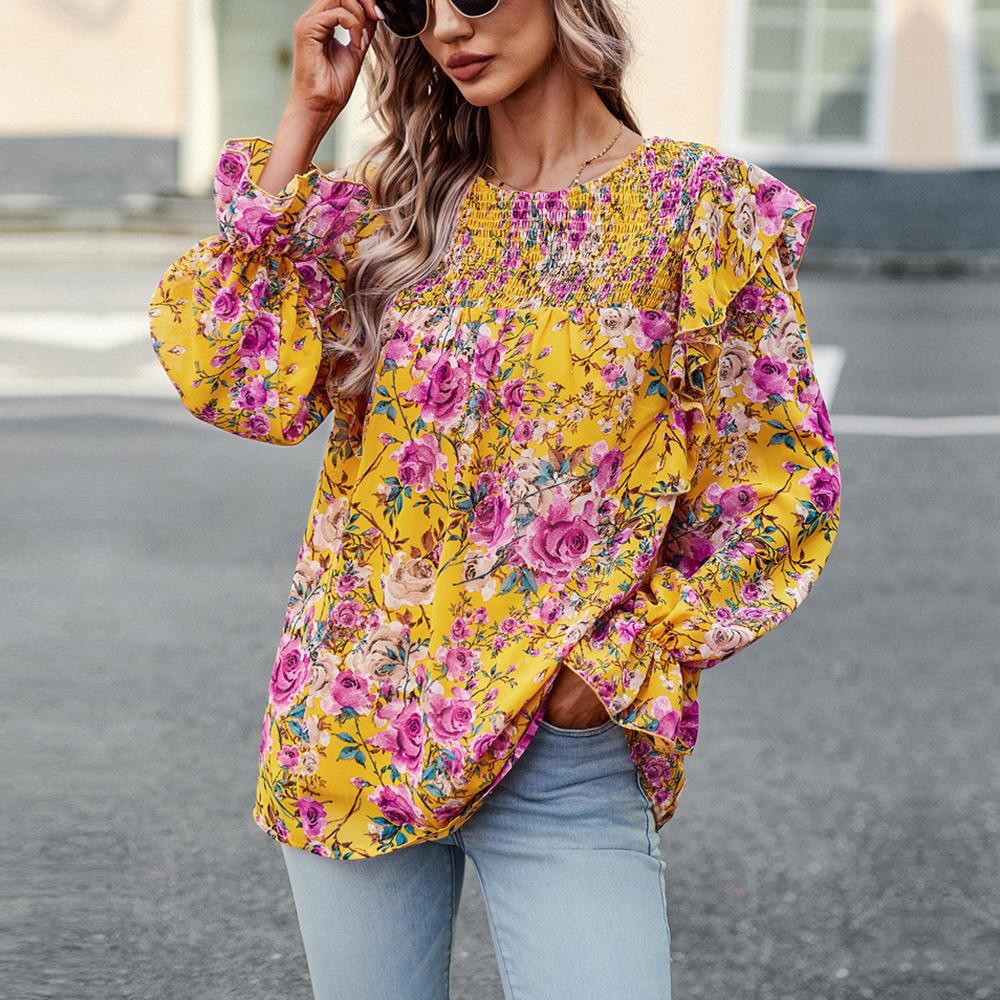 Женская осенне-зимняя рубашка с круглым вырезом и оборками, рукавами-фонариками, цветочная рубашка с принтом, топы