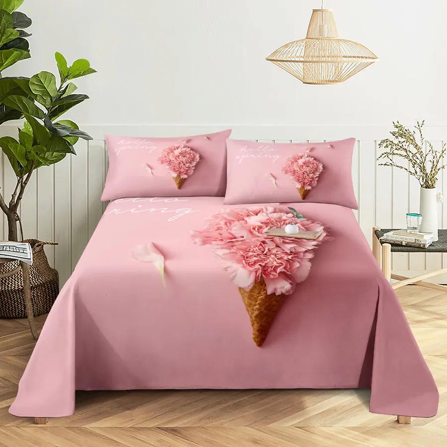 Pink Floral Bed Sheet Set Pillowcase Bedding Linens Cover Flower Queen King Twin Full Size for Single Double Bed Soft Thin