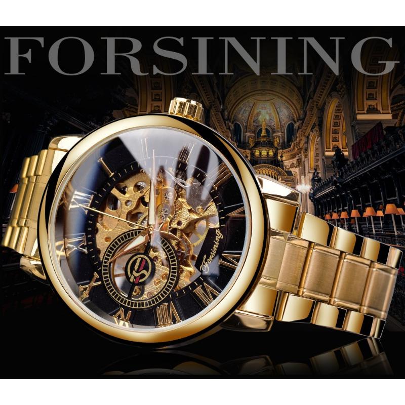 Forsining Часы Мужские модные повседневные золотые часы со стальным ремешком скелетонизированные механические часы