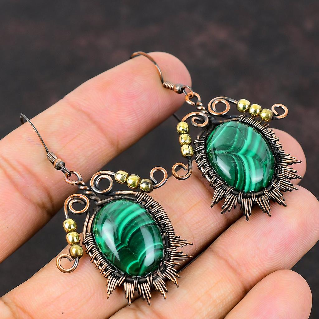 Малахитовые серьги, серьги из медной проволоки, серьги с драгоценными камнями, ювелирные изделия ручной работы, женские серьги, красивые медные украшения, стильные серьги, подарок для нее