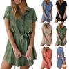 Women Summer Shirt Dress Lapel Short Sleeve Buttons Down Mini Dress V Neck Belted Pocket Dress Streetwear