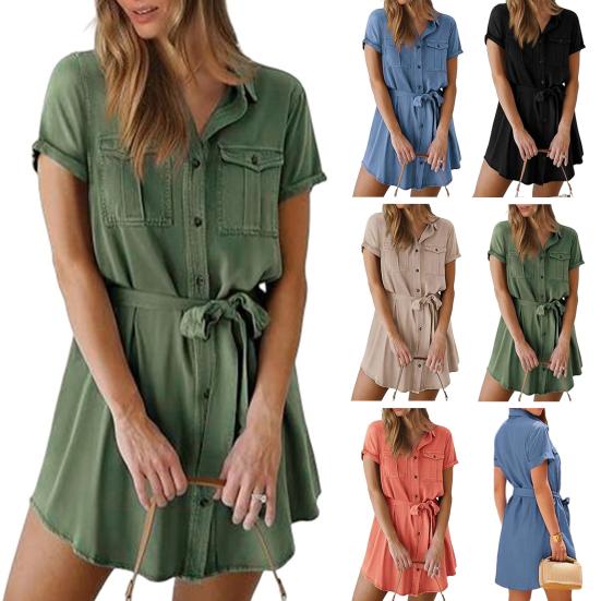 Женское платье-рубашка с лацканами и короткими рукавами на пуговицах, мини-платье с V-образным вырезом и поясом, карманное платье, уличная одежда