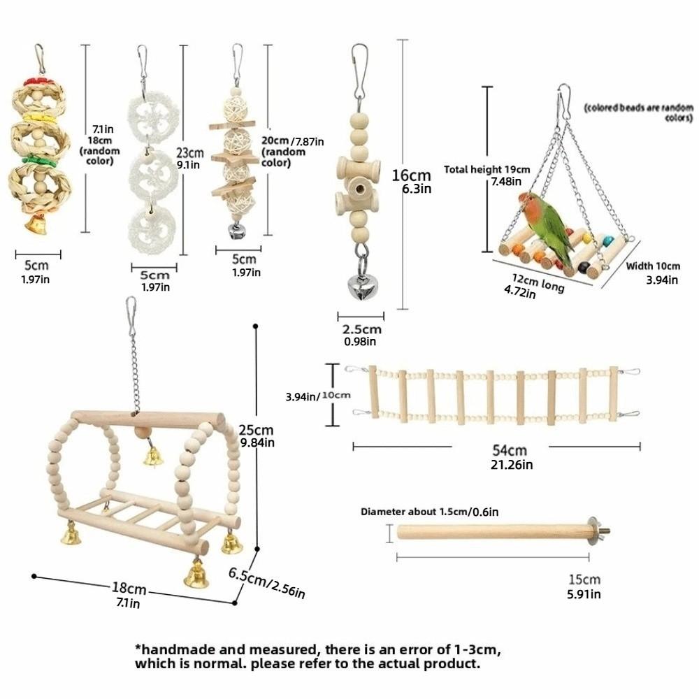 8Pcs Set Wood Parrot Set Bell Perch Hanging Hammock Combination Bird Swing Climbing Ladder Parrot Training Cockatiel