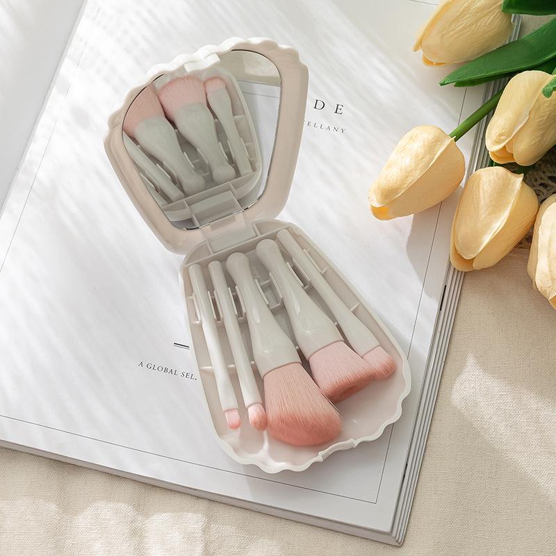Portable 5-Piece Shell Makeup Brush Set with Mini Mirror