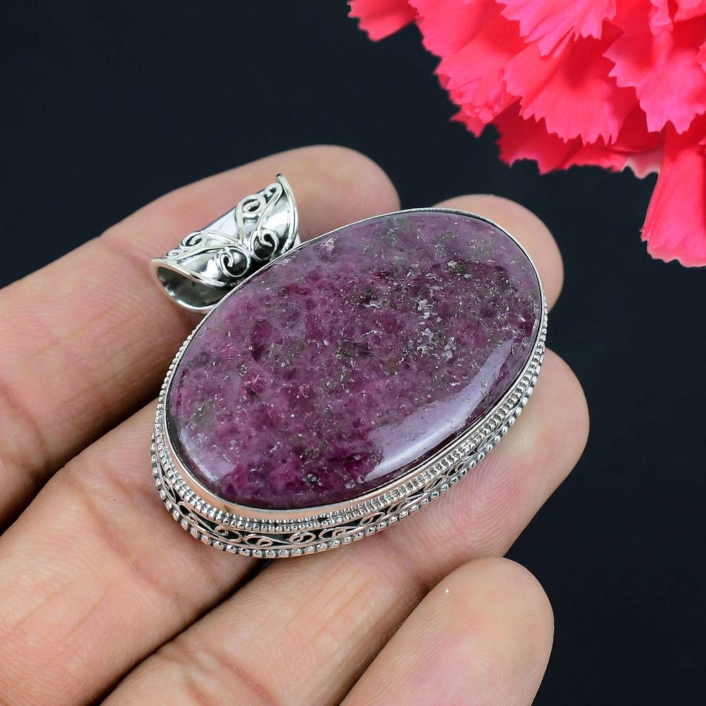 Подвеска из драгоценного камня родонита, твердая подвеска из стерлингового серебра 925 пробы, ювелирный подарок для унисекс