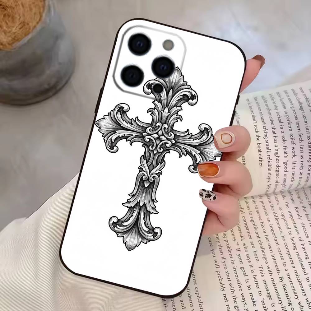 Прозрачный чехол для телефона с готическим крестом и лозой для iPhone 17,16,15,14,13,12,11 Plus,Pro Max,XS, Мягкий силиконовый черный чехол
