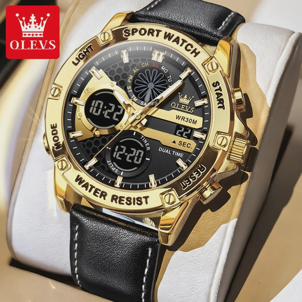 OLEVS Multi Function Quartz Watches for Man Fashion Casual Leather Strap Dual Time Waterproof Luminous Digital Man Watch