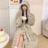 Winter Long-sleeved Hooded Thickened Warm Flannel Kimono Robe Women's Sexy Leopard Print Bathrobe Pajamas Nightgown Nightgown