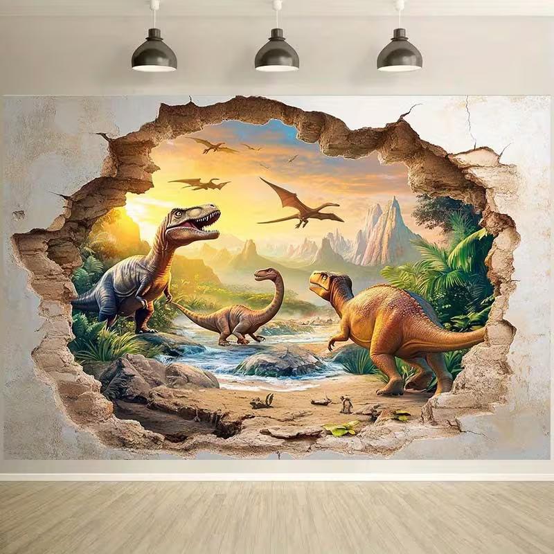 3D Настенный Гобелен с Динозаврами Юрского Периода, Настенное Полотно с Пейзажем Динозавров на Трескающейся Стене, Полиэстеровое Настенное Украшение с Доисторическими Животными для Комнаты Мальчика