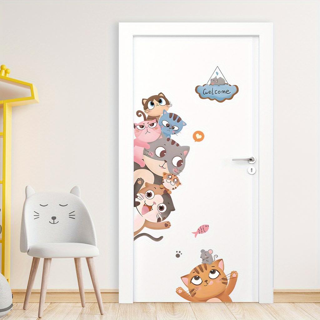 Cartoon Cute Cat Smiling Face Peeking At Animal Door Stickers Removable for Bedroom Living Room Nursery Decoration Wall Decal