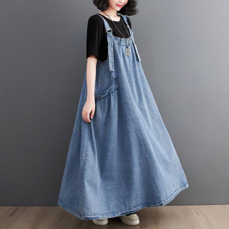2024 Plus Size Women's Spring/Summer Denim Suspender Swing Dress