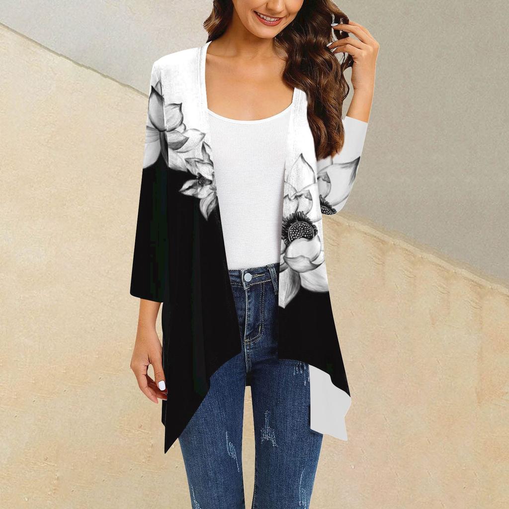 Женский кардиган неправильной формы с принтом, рукавами три четверти и карманной курткой
