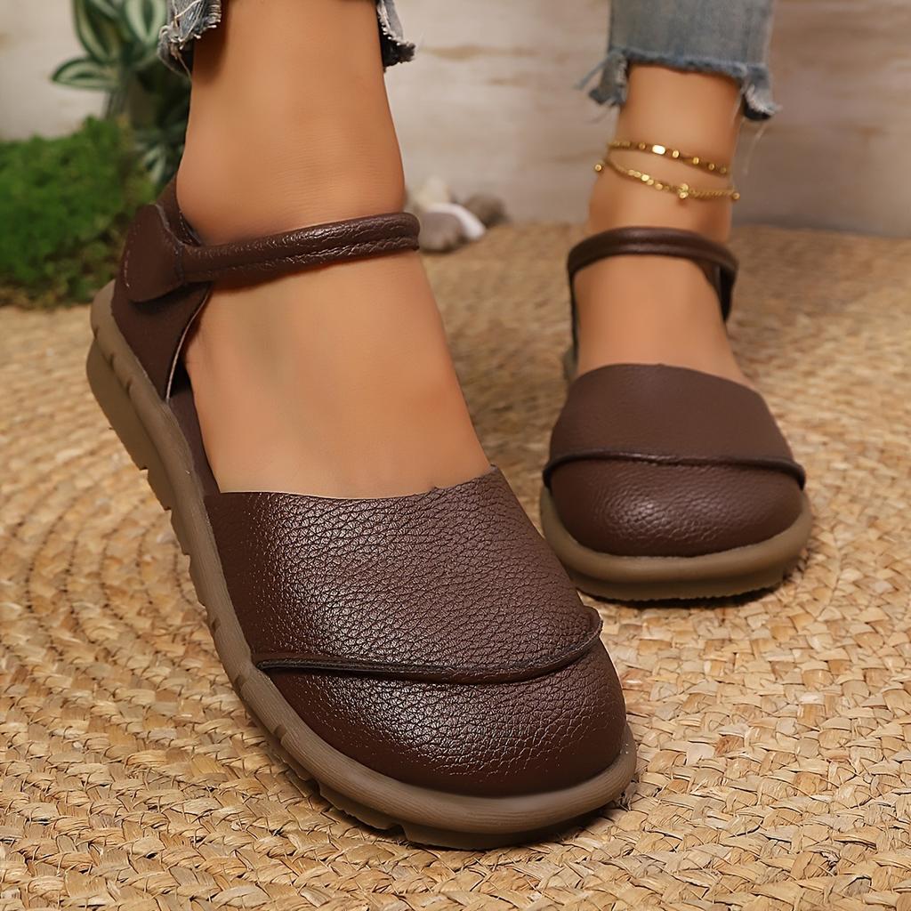 Ladies Mary Jane Flat Dance Lace Adjustable Velcro Closure - Round Head Casual Shoes, Comfortable Brown Single Shoes for All Seasons, Daily Dressing