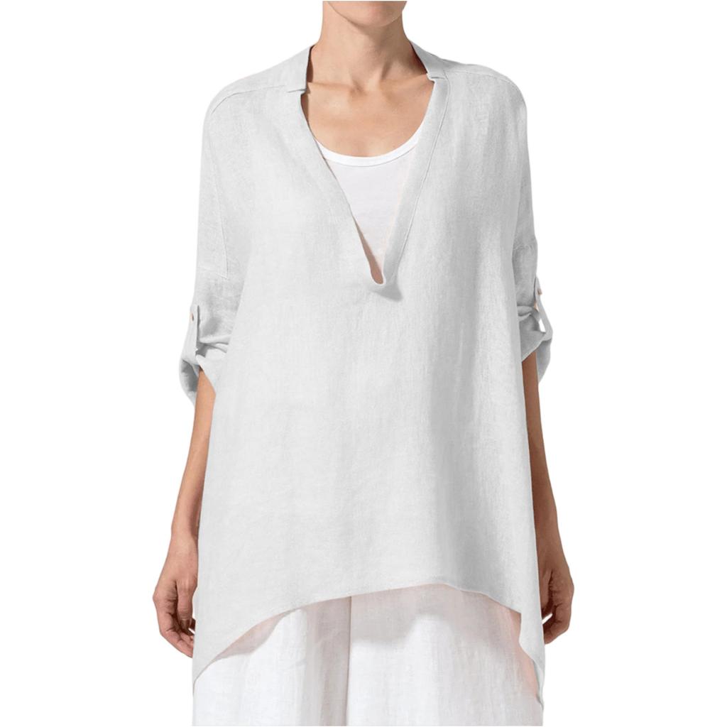 Модная женская однотонная хлопково-льняная свободная блузка с V-образным вырезом