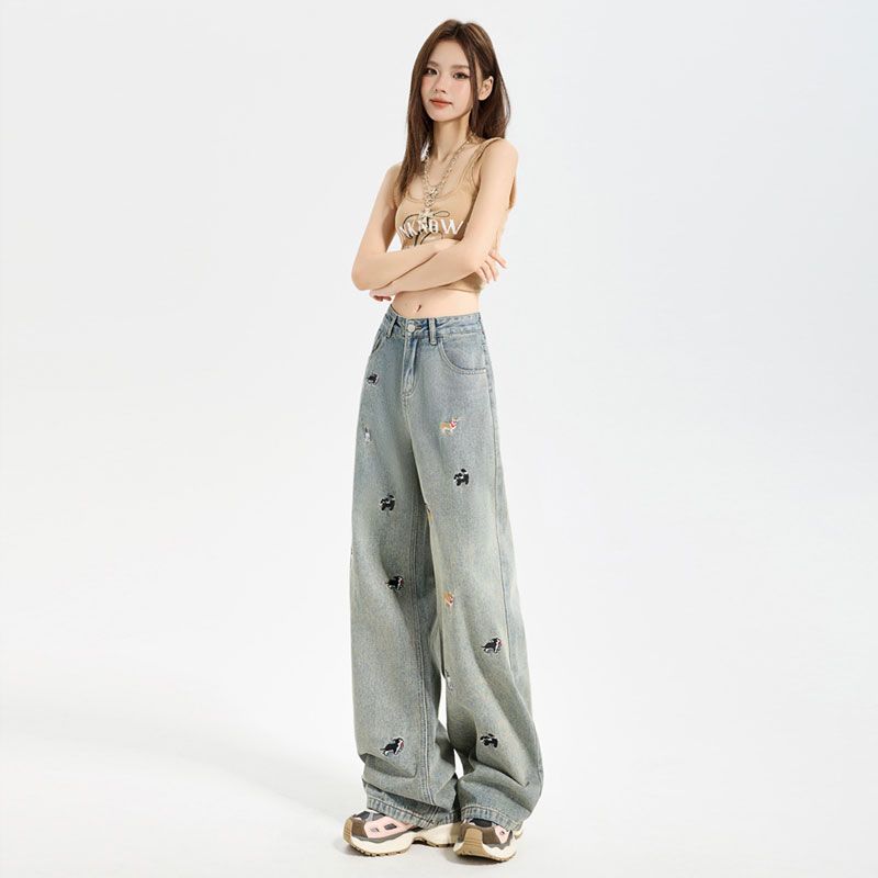 Washed old wide-leg jeans women's spring and autumn American retro loose casual niche embroidered narrow straight-leg pants