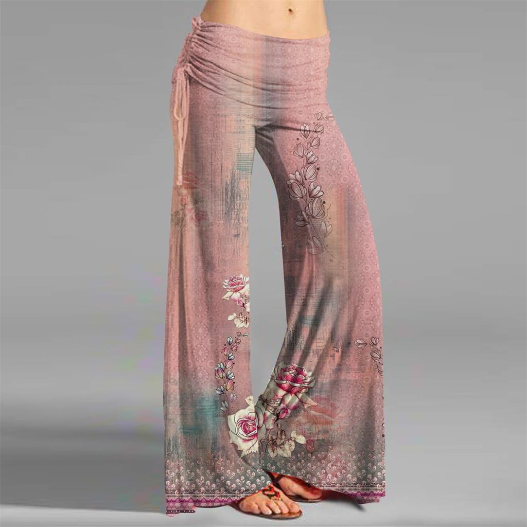 Женские модные повседневные расклешенные брюки с кулиской и винтажным принтом, широкие брюки