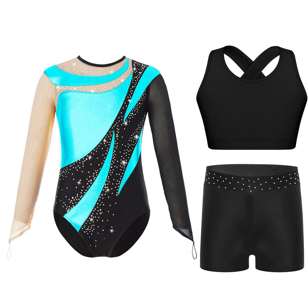 Гимнастический купальник для девочек и детей с шортами, с длинным рукавом, для акробатики, балета, танцев, юнитард с активным жилетом