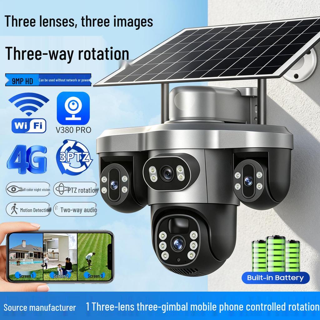 V380 Solar 4G Camera: Triple Lenses & Screens, Low Power Battery, PTZ Rotations