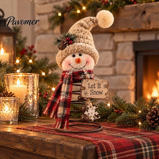 Handmade Christmas Crafts Snowman Tree Topper with Spring Base, 9.84 Inch Autumn Holiday Shelf Sitters Party Tabletop Ornament, Fall Harvest