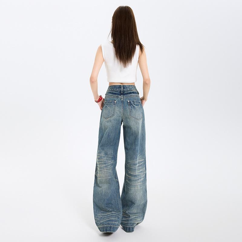 Retro blue washed jeans women's spring American whitening slack low waist thin straight wide leg trousers tide