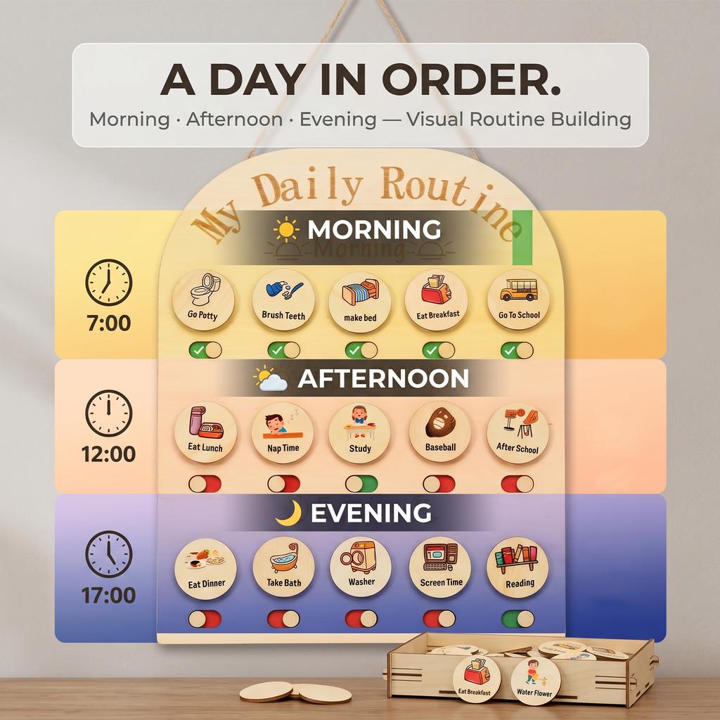 Wooden Daily Routine Chart Kids Visual Schedule Routine Chart Toddlers Morning Bedtime Routine Chart Toddlers Wooden Chore Chart
