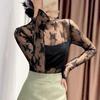 Sheer Mesh T Shirt Women Long Sleeve Turtleneck See Through Transparent Tops Lace Crop Slim Ladies Silk T Shirt