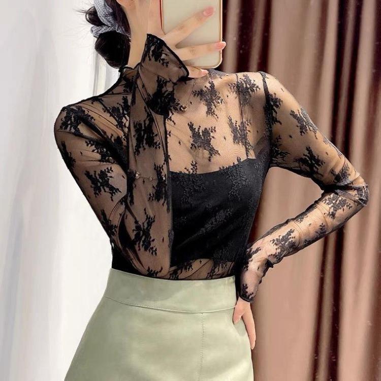 Sheer Mesh T Shirt Women Long Sleeve Turtleneck See Through Transparent Tops Lace Crop Slim Ladies Silk T Shirt