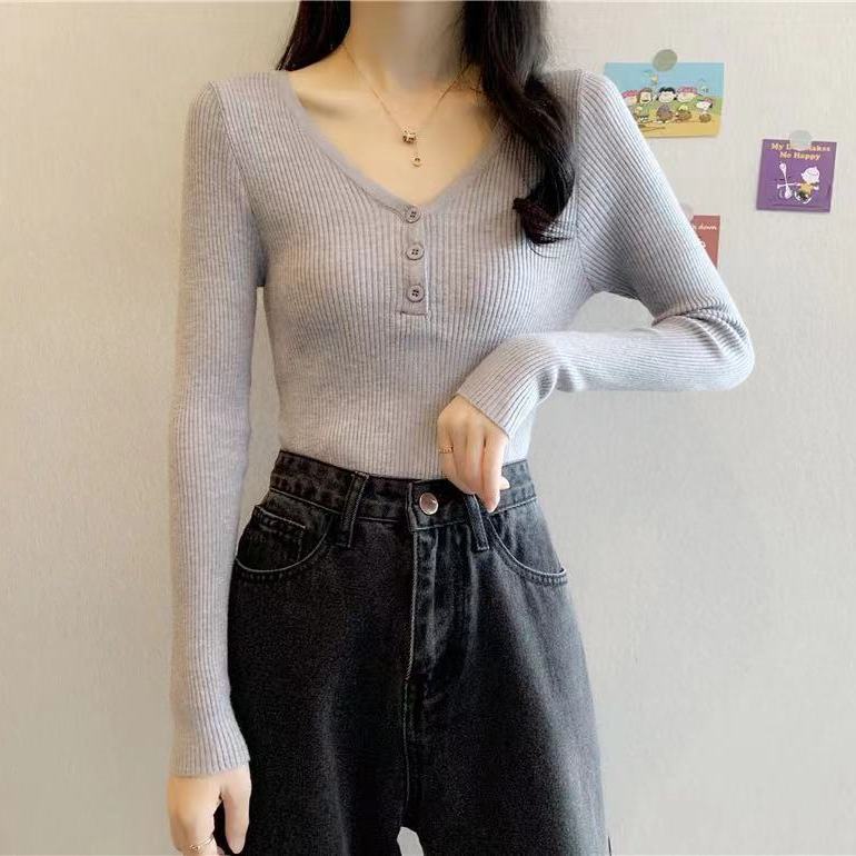 Kuz Qish V-boʻyinli Top Slim Fit Qisqa Bir xil rang Ichki Uzun qisma Asos Trikotaj Sviter Ayollar uchun