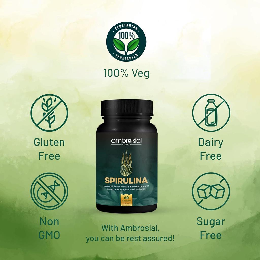Капсулы Ambrosial Spirulina | Высокая дозировка - 500 мг | Сертифицированные таблетки спирулины | Без добавок и 100% веганский продукт (Упаковка 1-60 капсул)