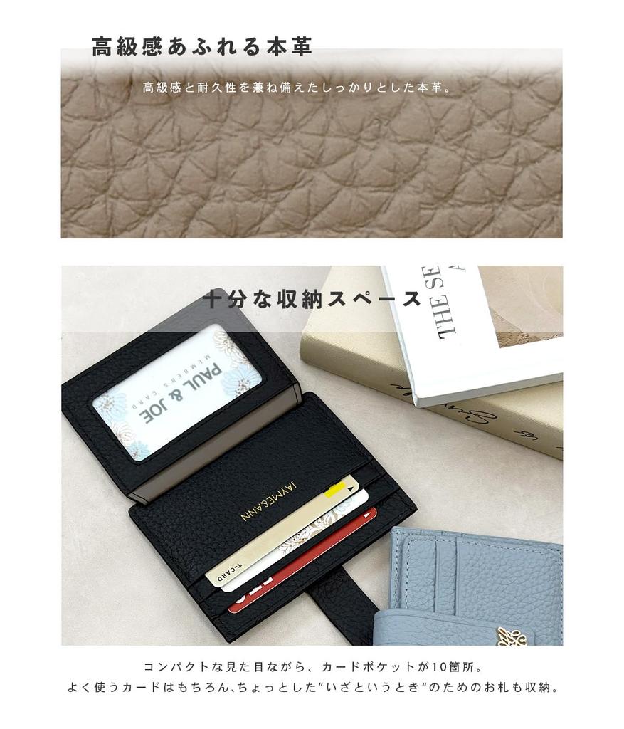 Gisele Slim Genuine Leather Card Case with 10 Pockets, Bifold, Pass Case, Fragment Case, for Women (Black)