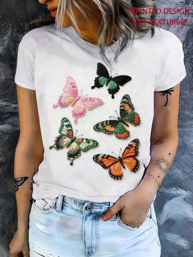 Dragonfly Butterfly Printed Women's T-Shirt for Spring and Summer Round Neck Fashionable Casual Short Sleeved Top Women Clothing