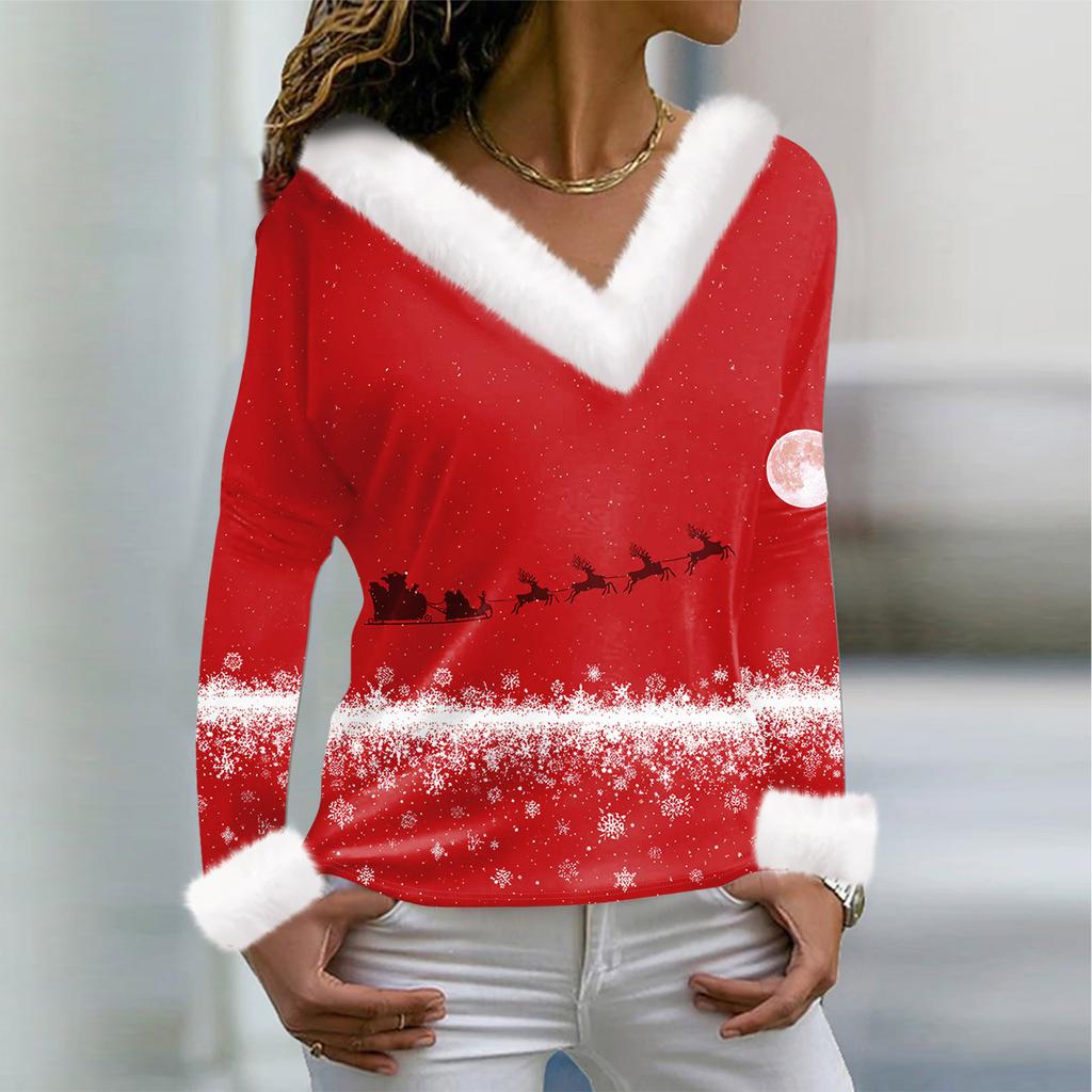 Женская футболка с рождественским принтом, длинный рукав, флисовый воротник, V-образный вырез, футболка
