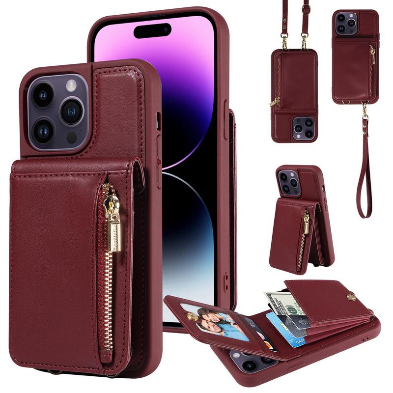 Кожаный кошелек-чехол на ремешке через плечо для iPhone 15, 14, 13, 12, 11 Pro Max с молнией и карманом для карт