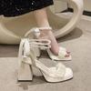 Shoes for Women Pearl Sandals Suit Female Beige Increasing Height Block Heels All-Match Black Bow 2025 Fashion Chunky Sandals