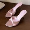 High Quality Satin High Heeled Slippers Women Summer Sexy Open Toe Slide Sandals Elegant Party Dress Thin Heeled Pumps Sandalias